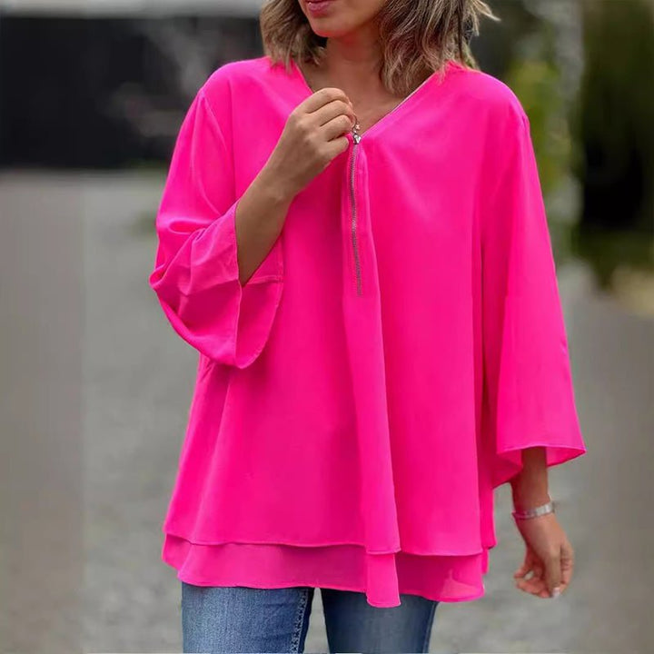 Isabelle | Flowing Zip-Front V-Neck Blouse
