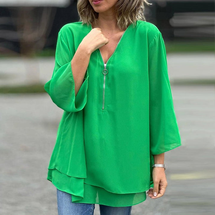 Isabelle | Flowing Zip-Front V-Neck Blouse