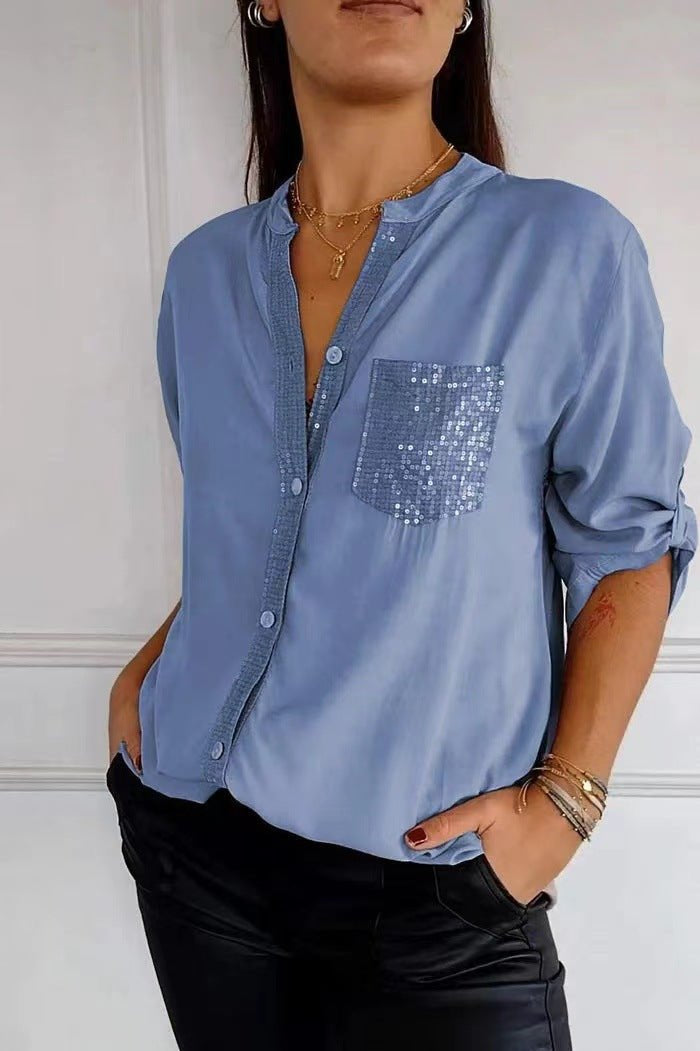 Hannah | Sequin Trim Button-Up Top