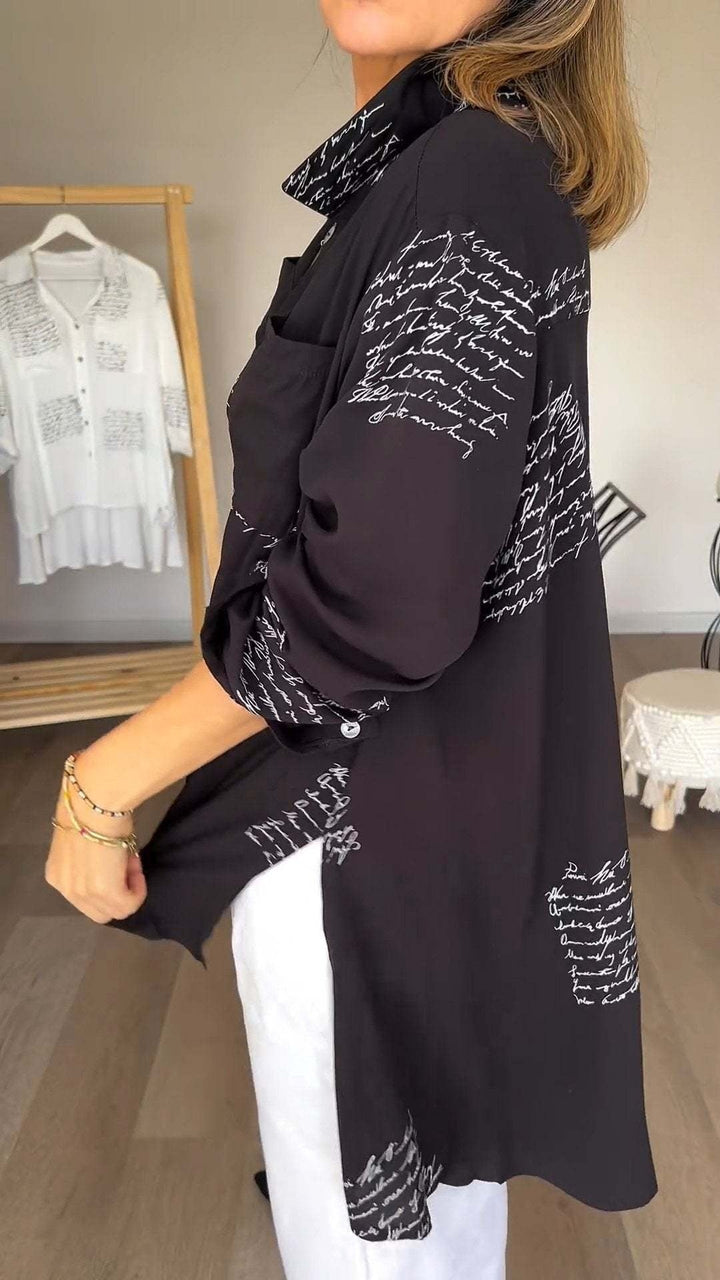 Ella | Script Detail Button-Up Blouse