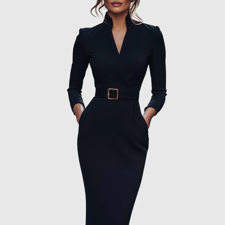 Corinne | Black Faux-Wrap Pencil Dress