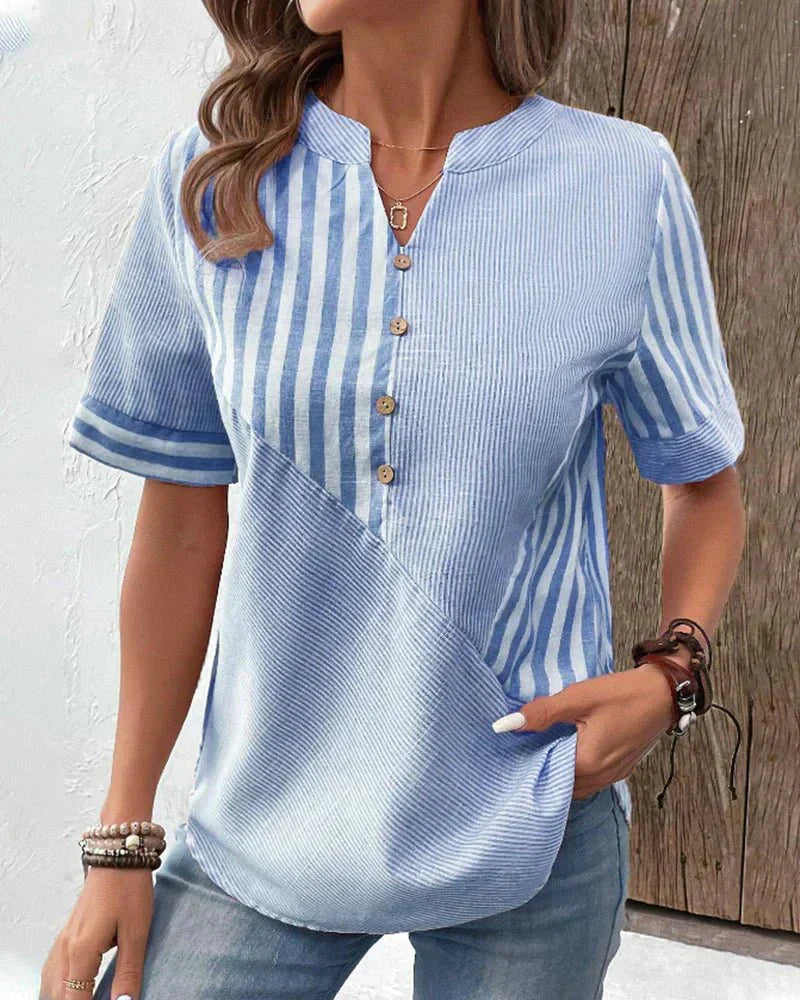 Amelie | Striped Notch-Neck Flare-Sleeve Blouse